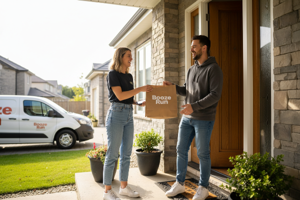 again but the driver is dressed casually and meets the customer at their door