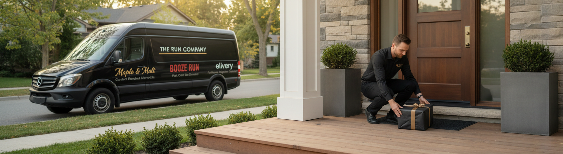 Delivery driver at residential door with black Sprinter van parked on street