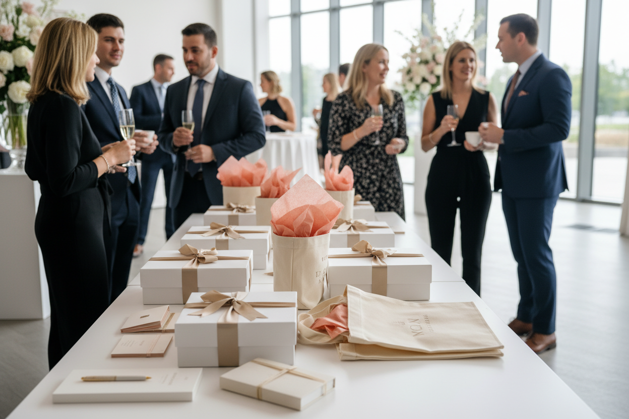 Modern event gifting station with guests networking behind