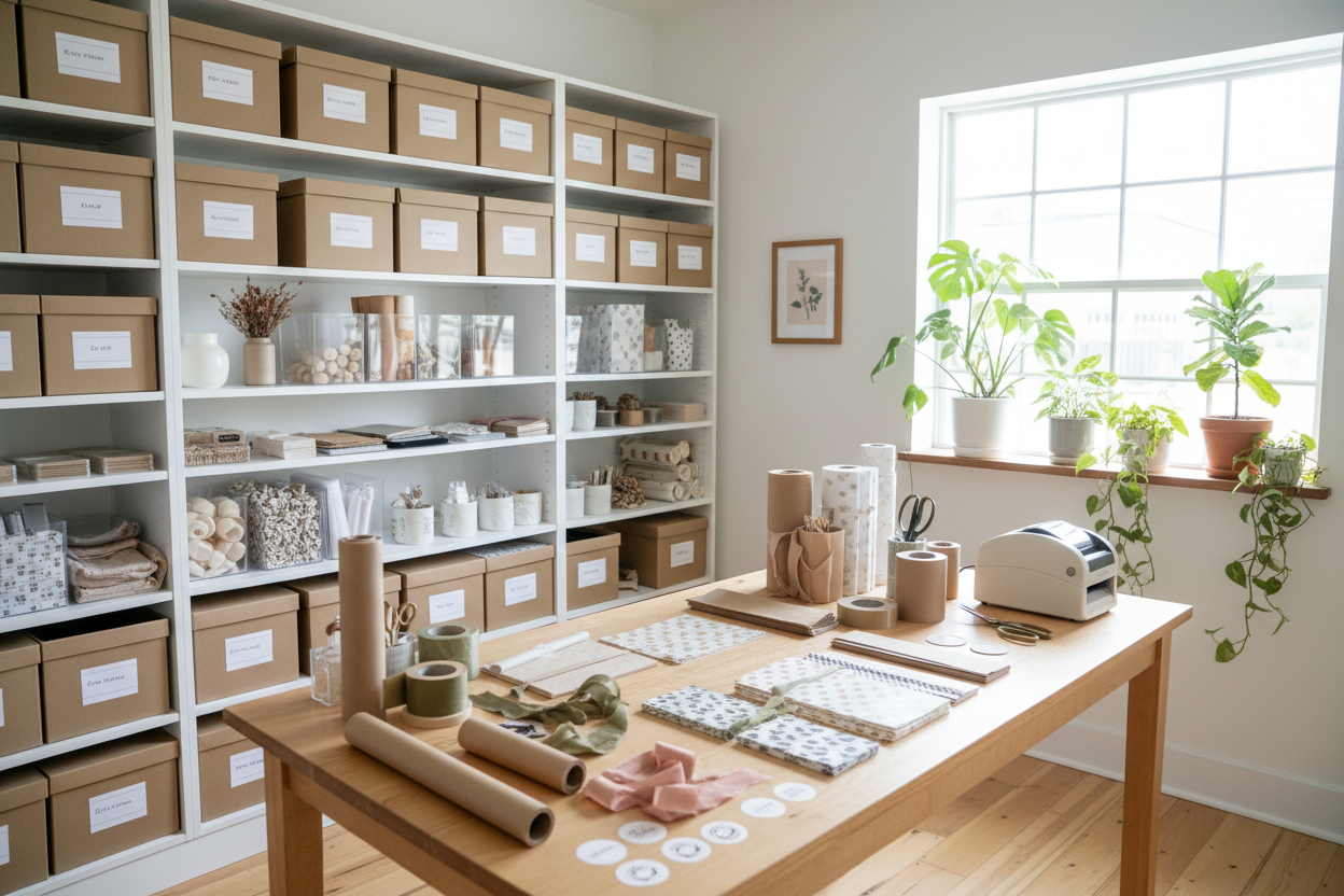 Small organized fulfillment studio workspace